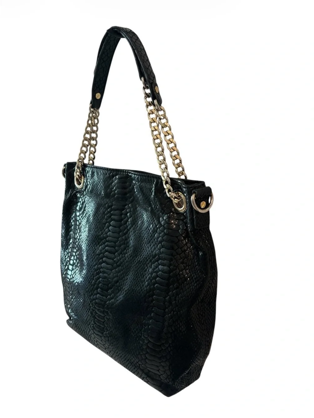 Michael Kors Black Snake-Texture Tote Bag with Gold Chain Handles